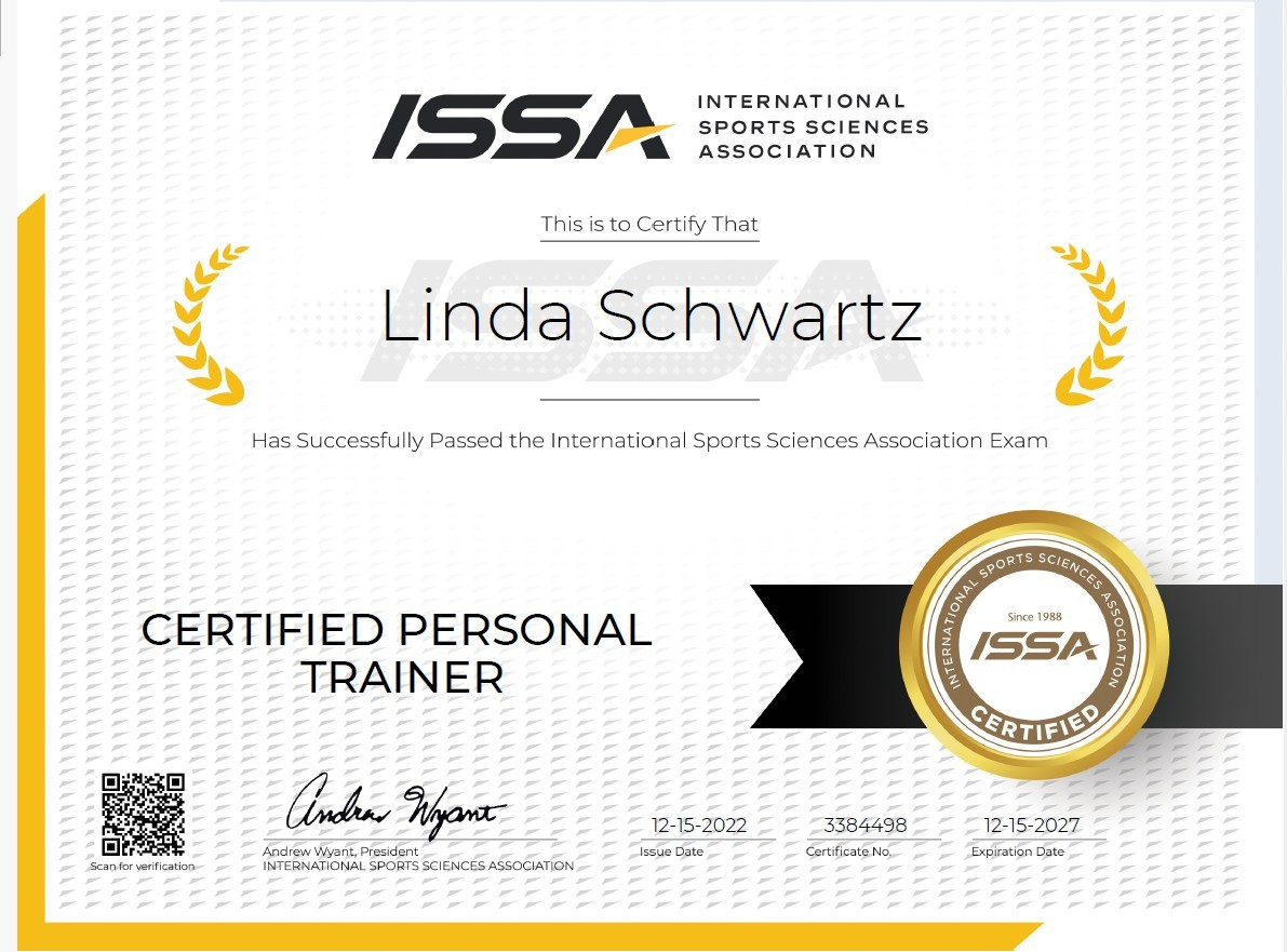 ISSA Certified Personal Trainer certificate awarded to Linda Schwartz, issued 12-15-2022, certificate number 3384498
