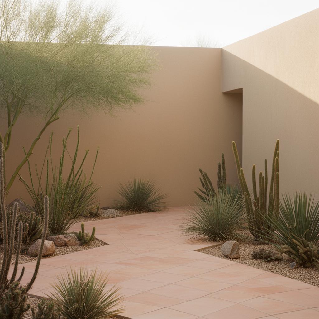 Quiet sunlit Arizona courtyard with desert plants