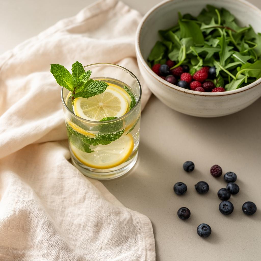 Glass of infused water beside a ceramic bowl of greens and berries