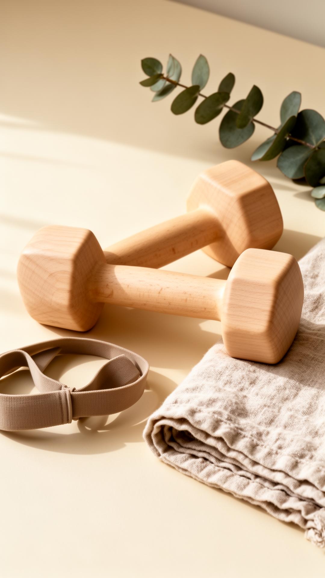 Wooden hand weights, resistance band, and linen towel in soft daylight